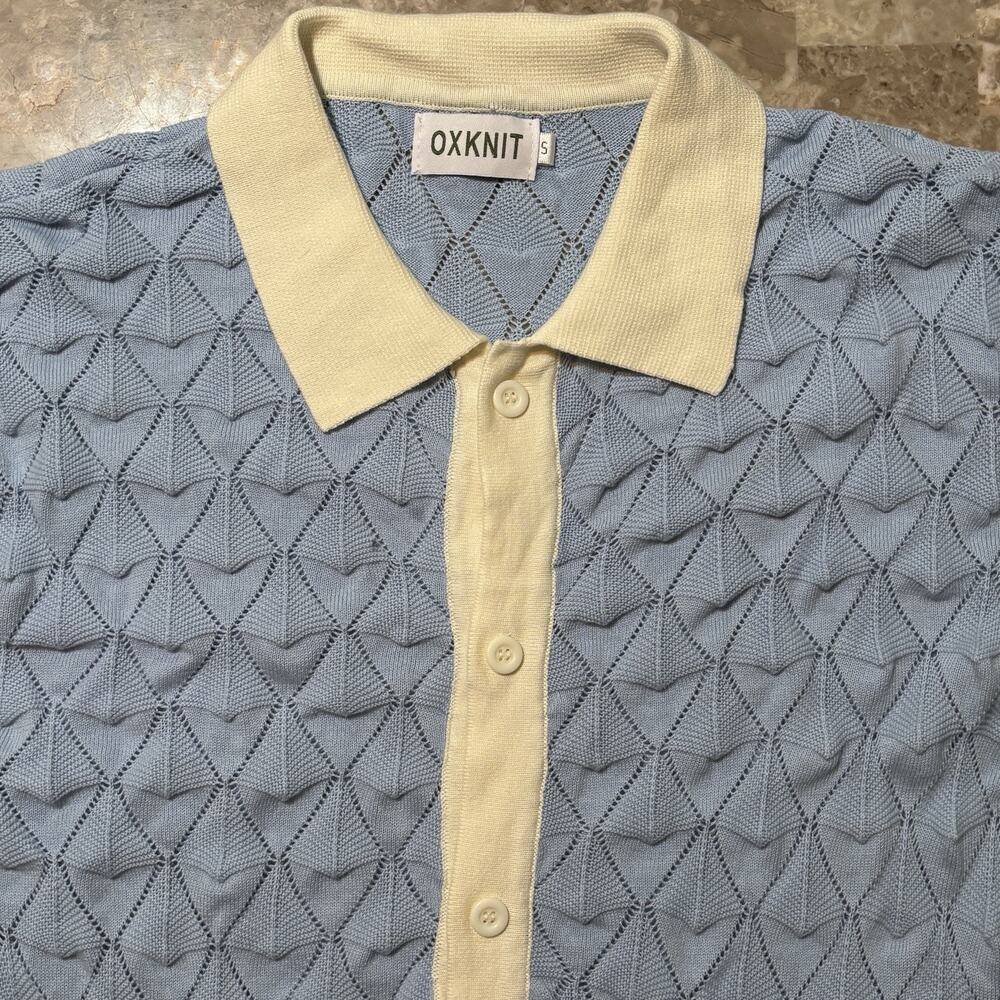 Oxknit Knit Sweater Mens Small Blue Short Sleeve Button Crochet Beach Cotton